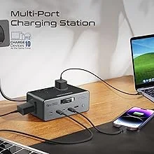 محطة شحن Promate PowerBrix-160 GaNFast بقدرة 160 واط مع 4 مقابس AC وكابل USB-C قابل للسحب - رمادي - Thumbnail 14