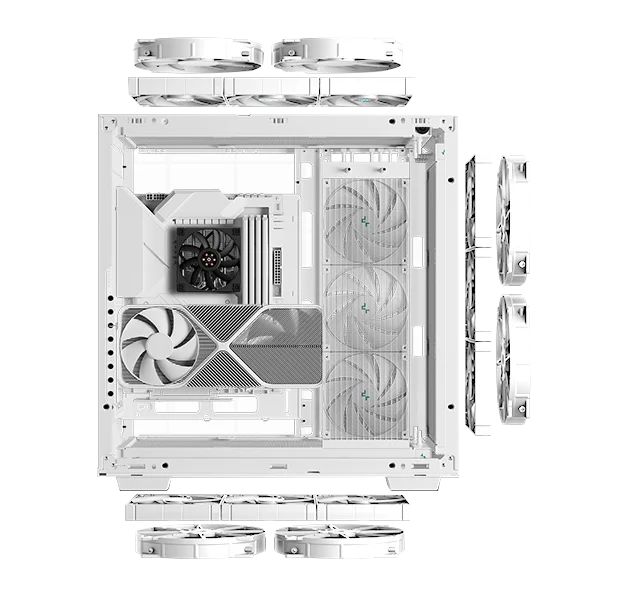 هيكل كمبيوتر DeepCool MORPHEUS فل تاور بتصميم تدفق هواء معياري مع حامل عمودي وكابل Riser Gen 4 وزجاج مقوى و4 مراوح Trinity 140mm ARGB - أبيض - Thumbnail 13