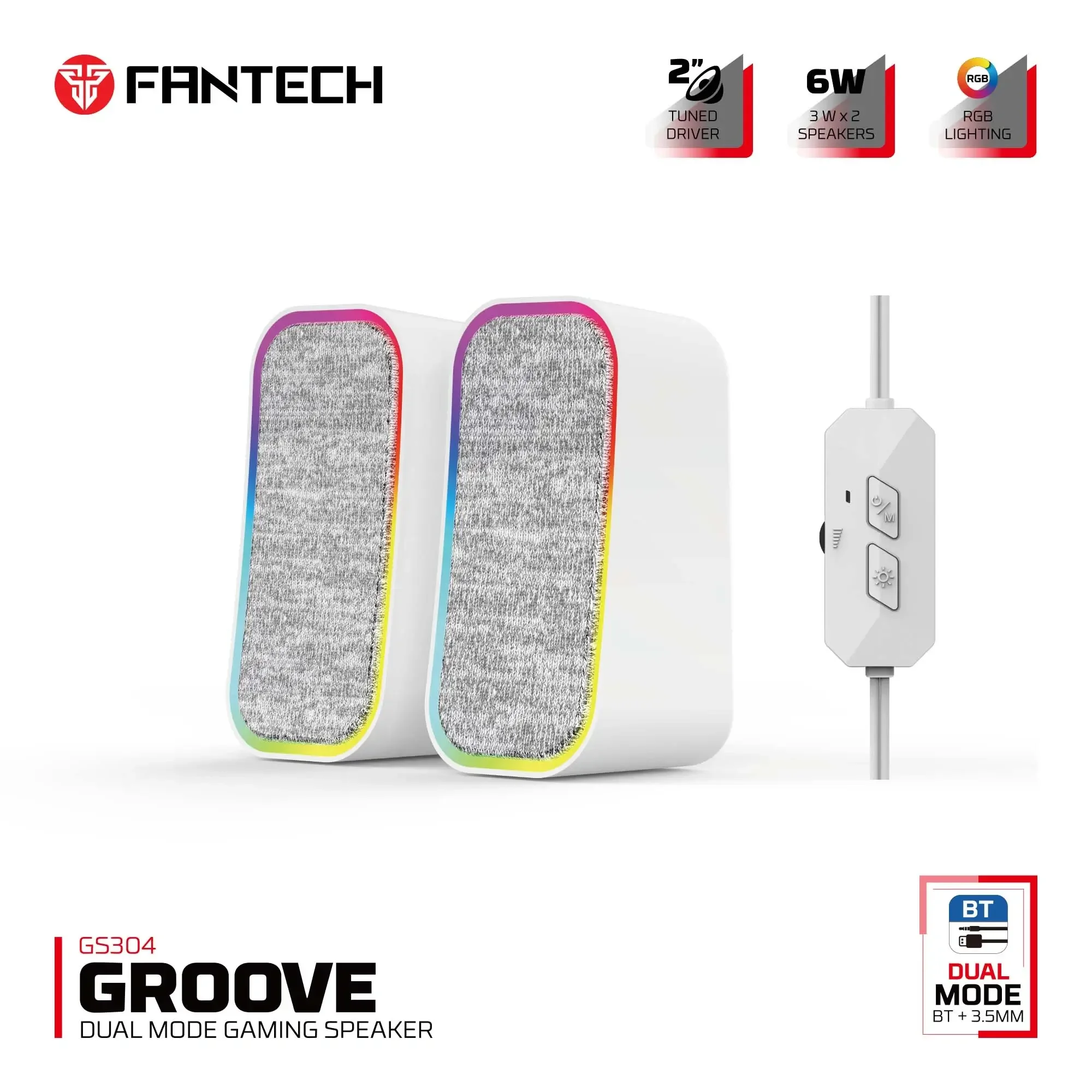 سماعة ألعاب ثنائية التوصيل (بلوتوث و سلكي) باللون الأبيض مع إضاءة  Fantech GS304 Groove  - Thumbnail 2