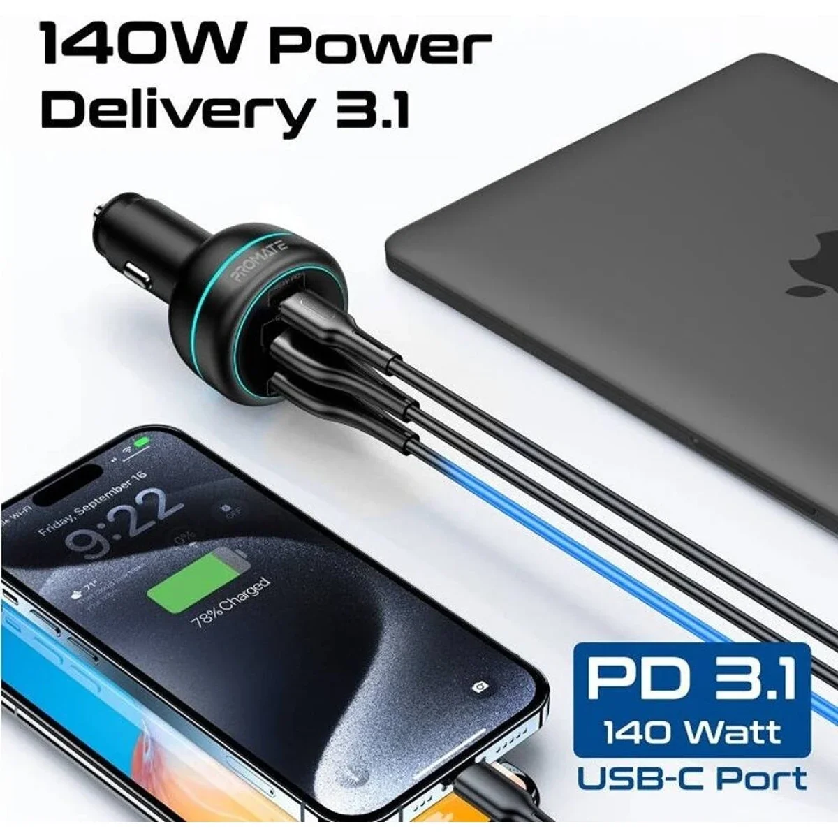 شاحن موبايل للسيارة Promate 230W بمنفذي USB-C بقدرة 140W/45W ومنفذ USB-A 45W - أسود - Image 4
