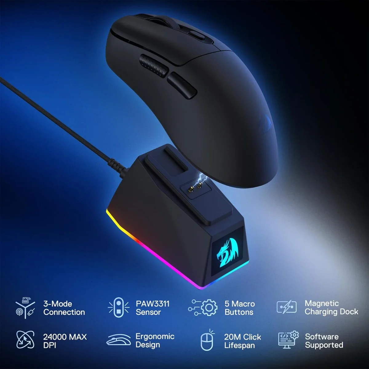 Redragon M998 Lightweight Tri-Mode Wireless Gaming Mouse with RGB Charging Dock, 24000 DPI, Black - Thumbnail 3