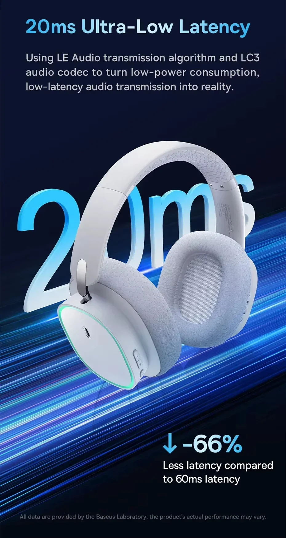 Baseus GH02 Wireless Gaming Headphones with ANC, RGB, 40mm Drivers and 40-Hour Playtime - White - Thumbnail 14