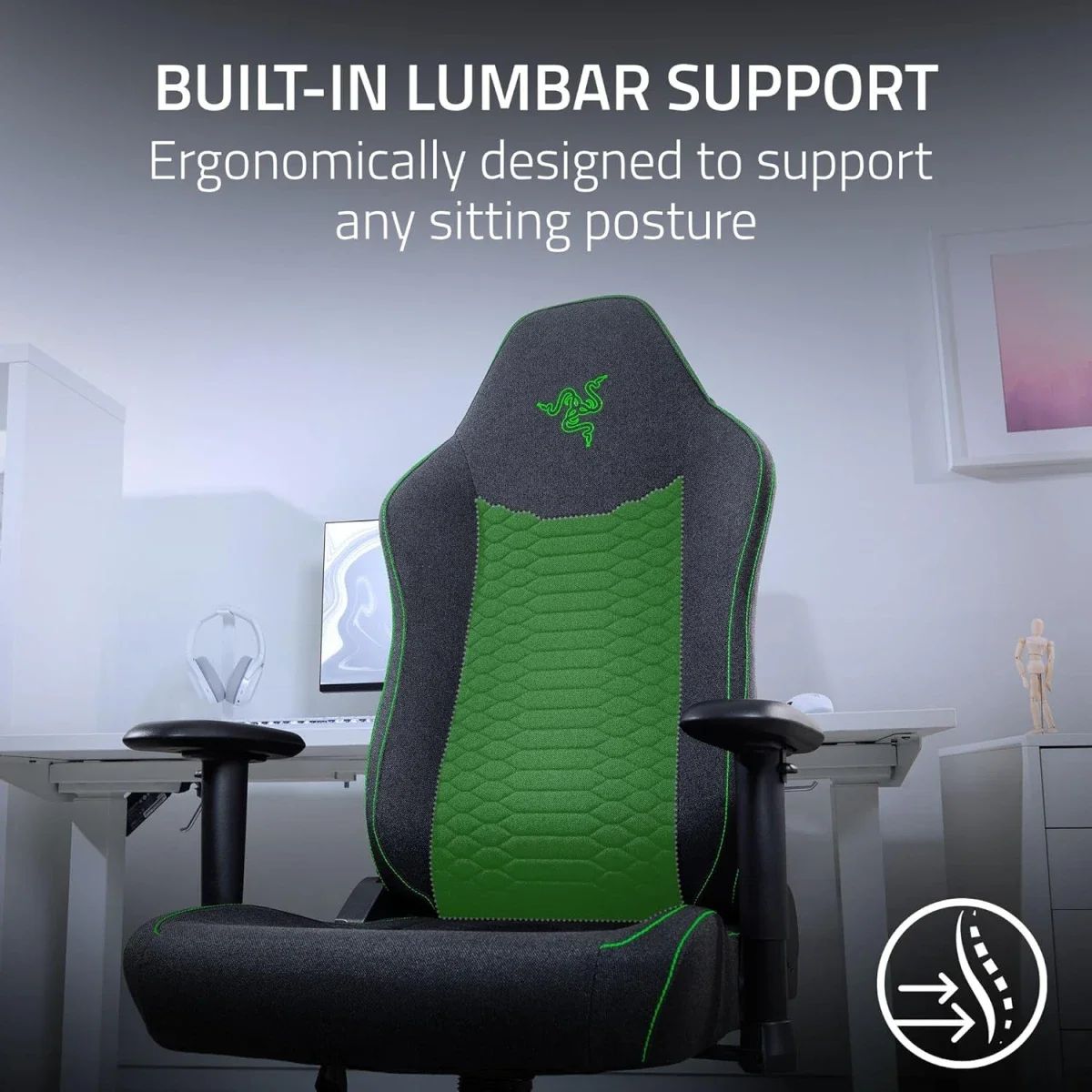 Razer Iskur V2 X Gaming Chair with Built-In Lumbar Support, Fabric, Black - Image 3