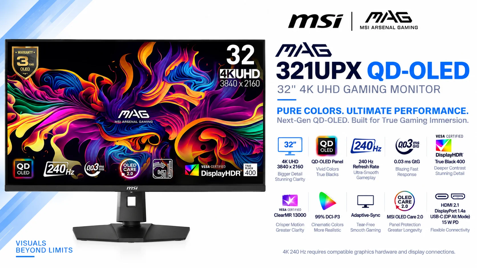 شاشة ألعاب MSI 32 إنش 4K UHD، 240 هرتز، 0.03 مللي ثانية، True Black HDR 400، USB-C بقدرة 15 واط، HDMI وDP – MAG 321UPX QD-OLED - Thumbnail 9
