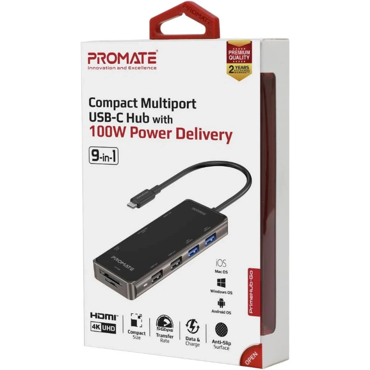 Promate PrimeHub-Go 9-in-1 USB-C Adapter with 100W PD, 4K HDMI, Gigabit LAN, 4 USB Ports and TF/SD Card Slots