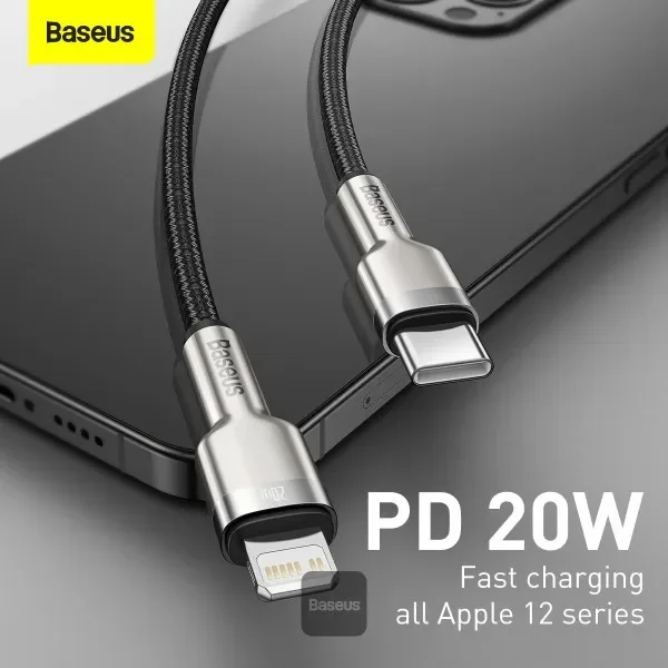 كيبل Baseus Cafule Series معدني USB إلى Lightning للشحن والبيانات PD 20W بطول 1م – أسود - Thumbnail 4