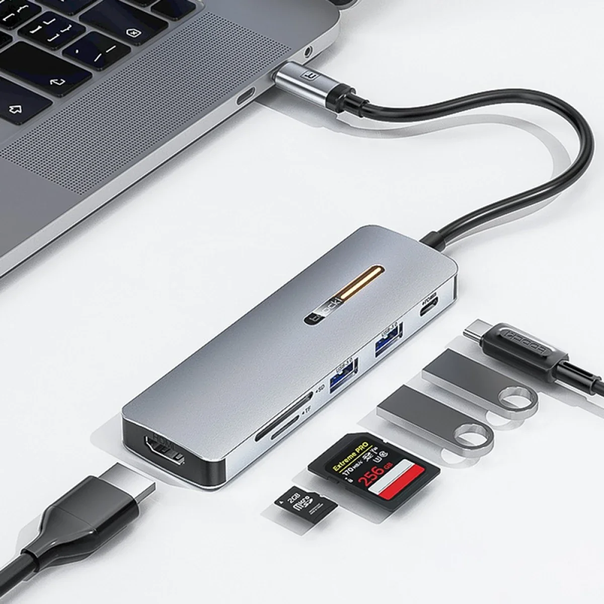 TOOCKI 6-in-1 USB-C Hub with 4K HDMI, USB 3.0, PD 100W, SD/TF Card Reader - Grey - Thumbnail 3