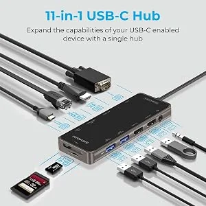 محول متعدد المنافذ USB-C من Promate PrimeHub-Pro 11 في 1 مع 100W PD و4K HDMI وVGA وRJ45 وAUX وSD/TF و4 USB - Thumbnail 12
