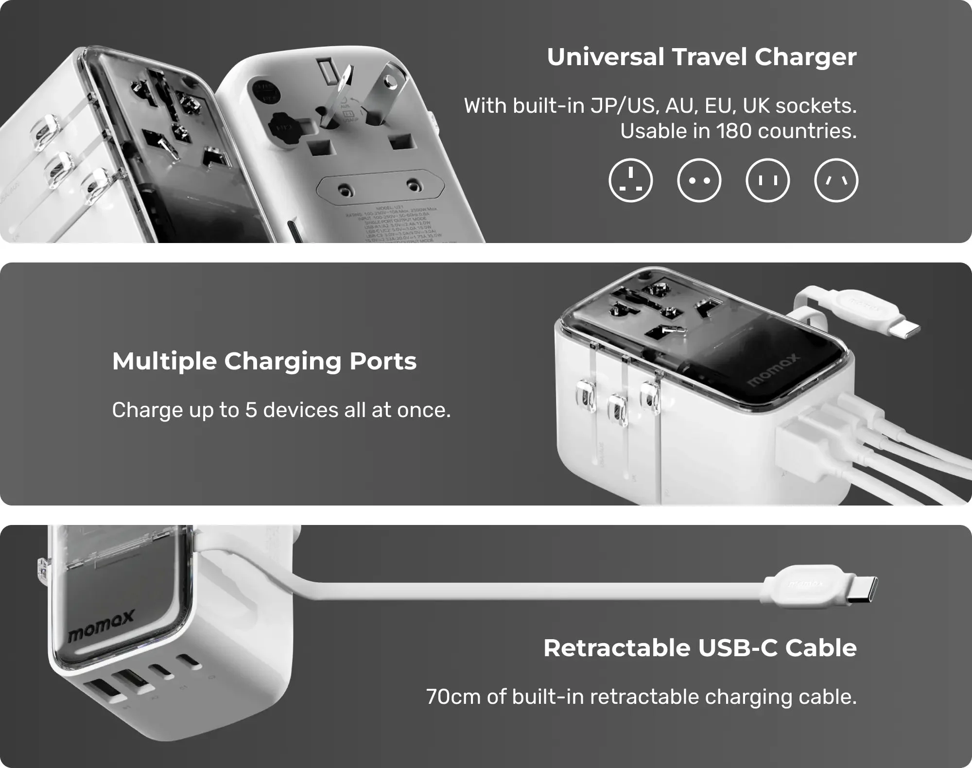 شاحن سفر عالمي MOMAX World+ Flow بقدرة 35 واط و4 منافذ مع كابل USB-C قابل للسحب - أبيض - Thumbnail 8