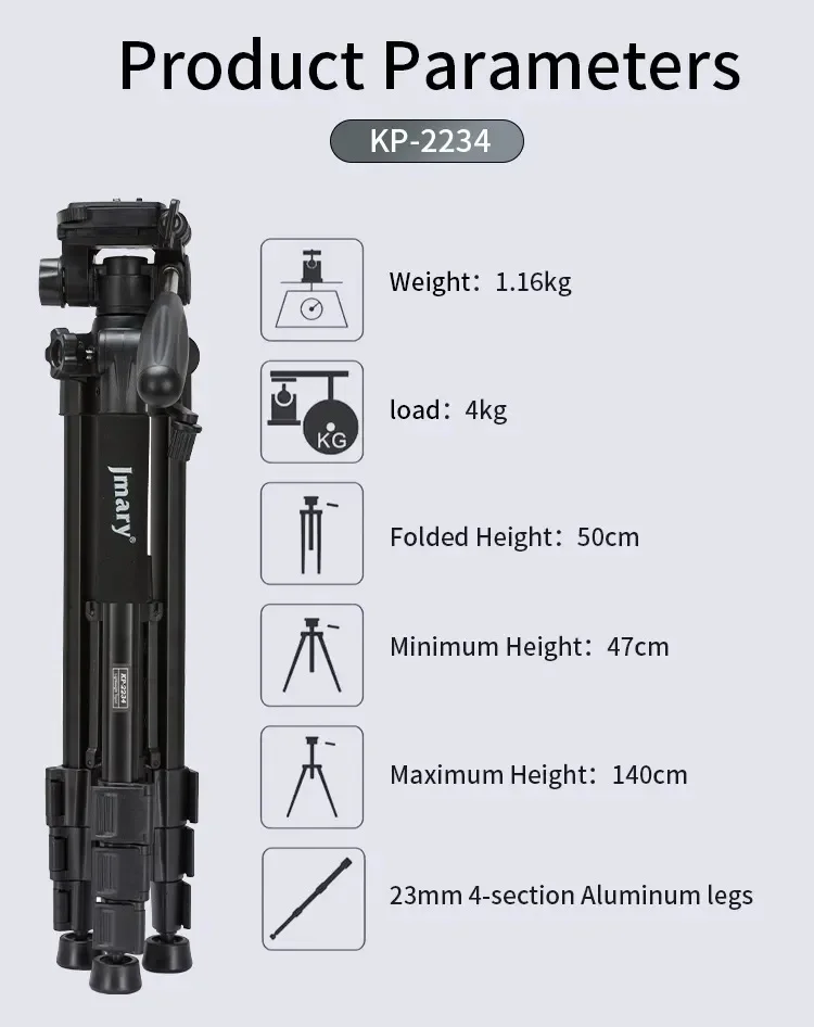 حامل ثلاثي احترافي Jmary KP-2234 من الألومنيوم 140M لكاميرات DSLR وGoPro والهواتف المحمولة - أسود - Image 5