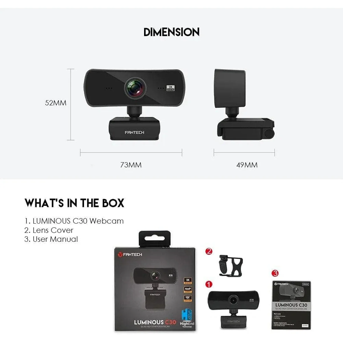 Fantech LUMINOUS C30 2K QHD 4MP USB Webcam with Microphone - Image 3