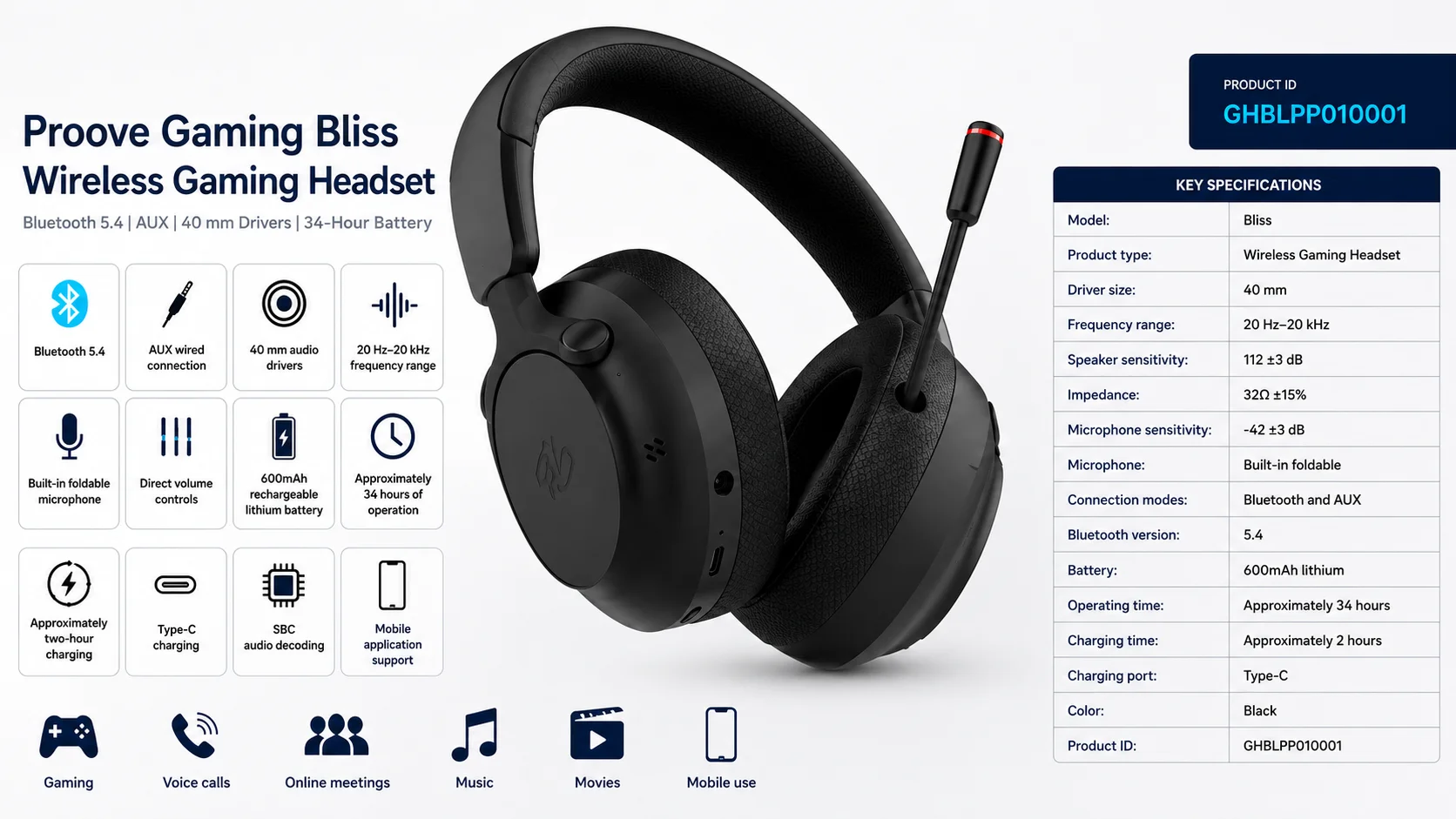 Proove Gaming Bliss Bluetooth 5.4 Gaming Headset with Foldable Microphone, Black (GHBLPP010001) - Thumbnail 11