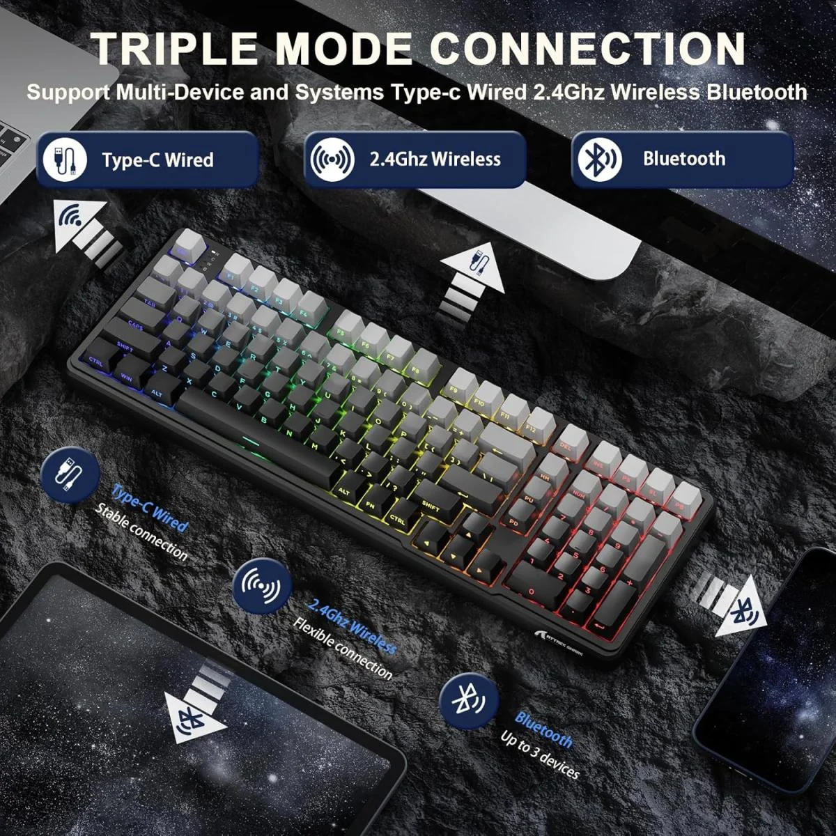 لوحة مفاتيح ألعاب ATTACK SHARK X98 ميكانيكية لاسلكية ثلاثية الاتصال بإضاءة RGB، Moonlit Night - Image 4