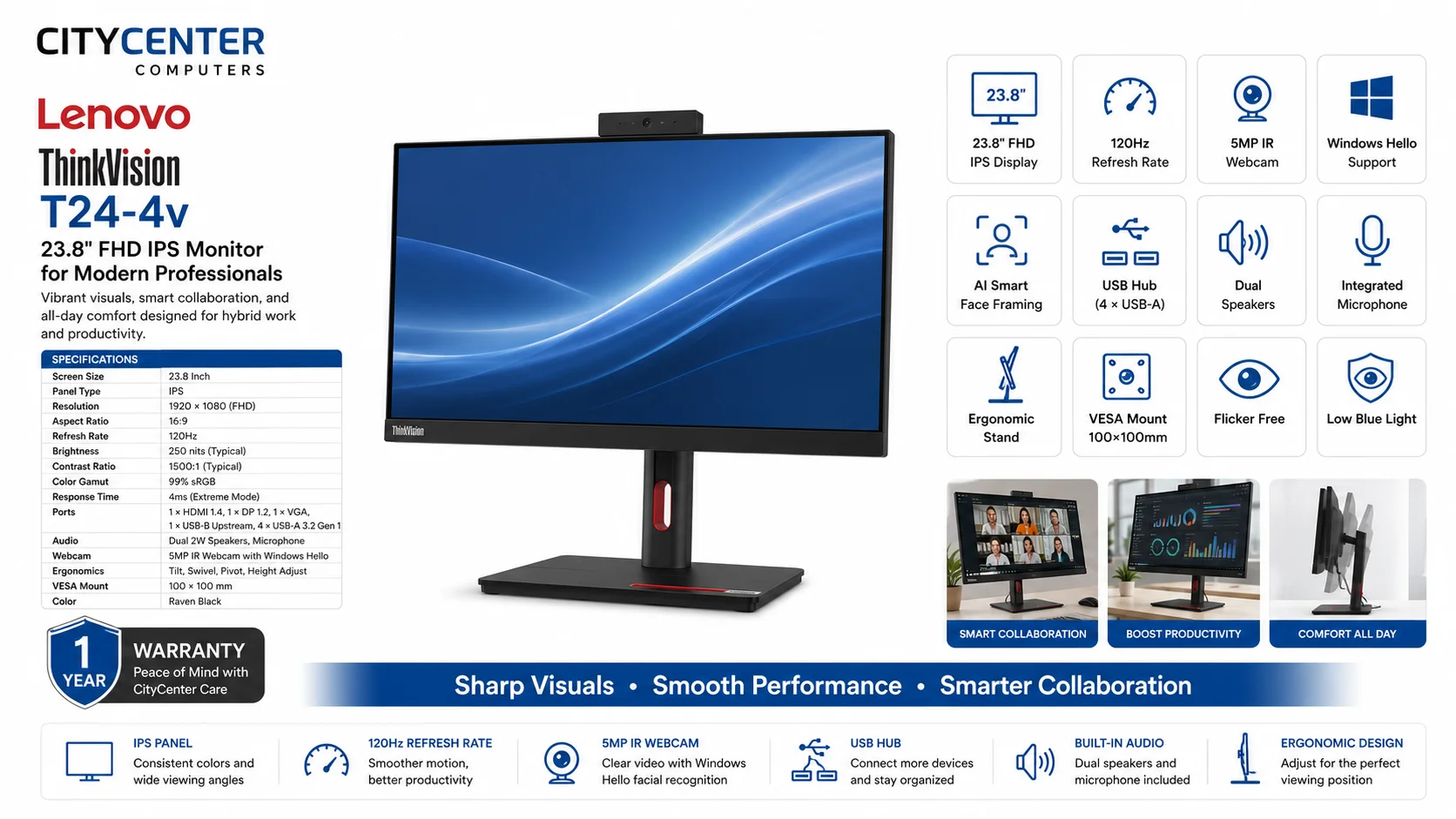 Lenovo ThinkVision T24-4v 24-inch IPS Full HD 120Hz Conferencing Monitor with 5MP Webcam - Image 6