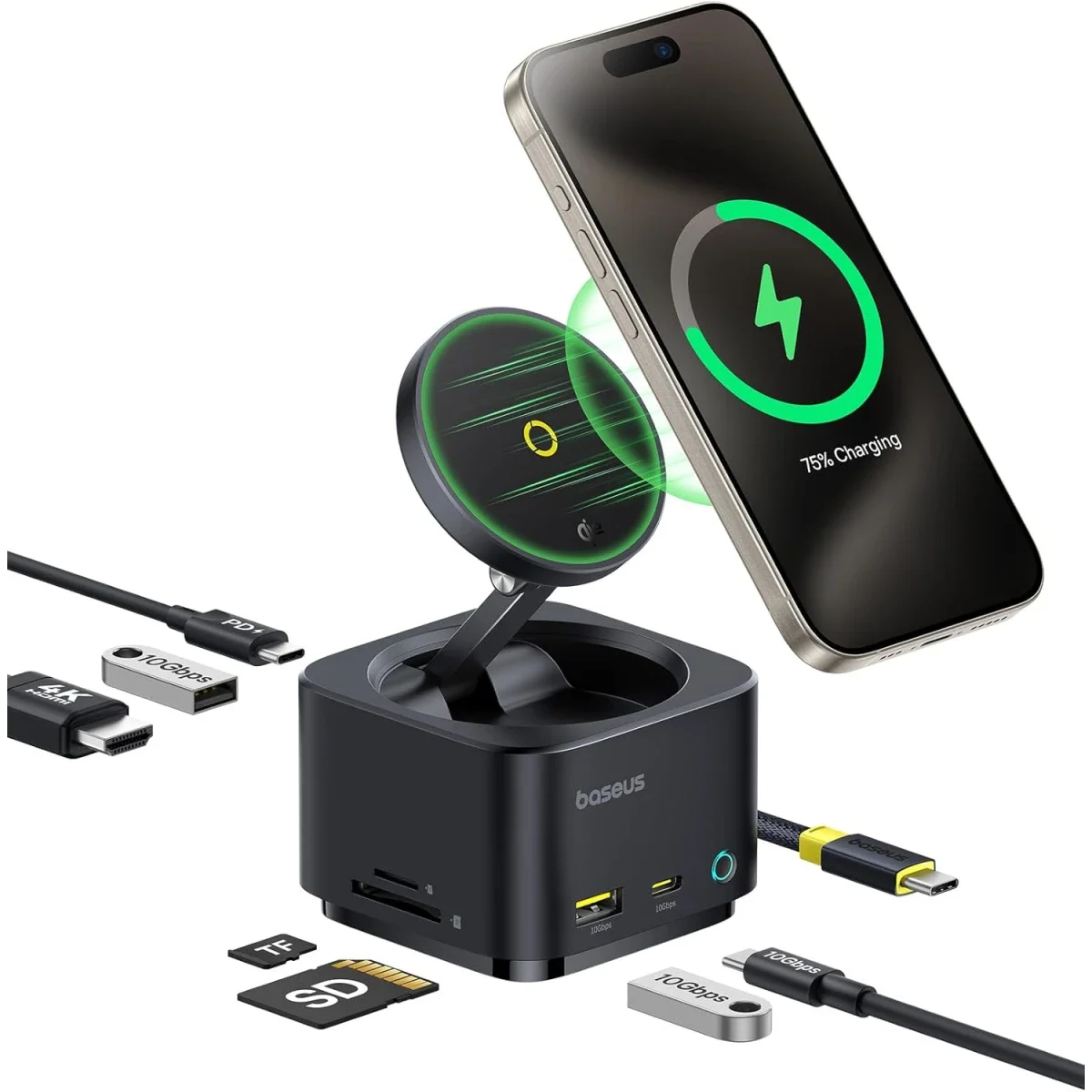 Baseus MagPro Series II 7-in-1 USB-C Hub with 15W Qi2 Wireless Charger, 4K@60Hz HDMI, 100W PD, 10Gbps and SD Card Reader - Black