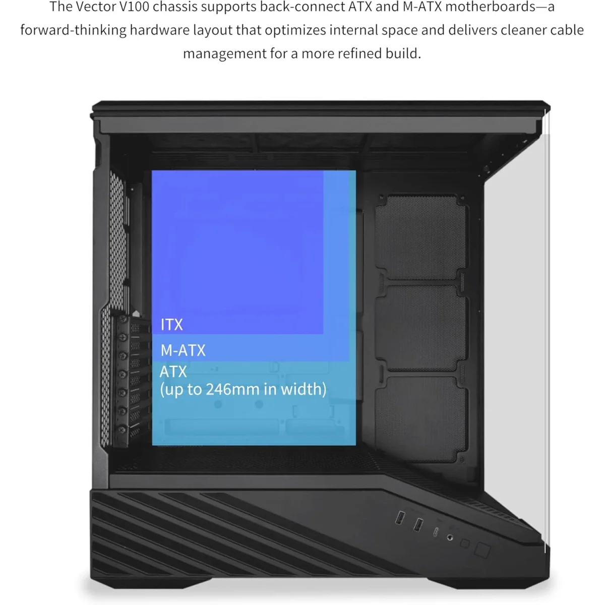 LIAN LI Vector V100R Mid-Tower PC Case with 4 Fans, 360mm Radiator Support, Black - Image 8