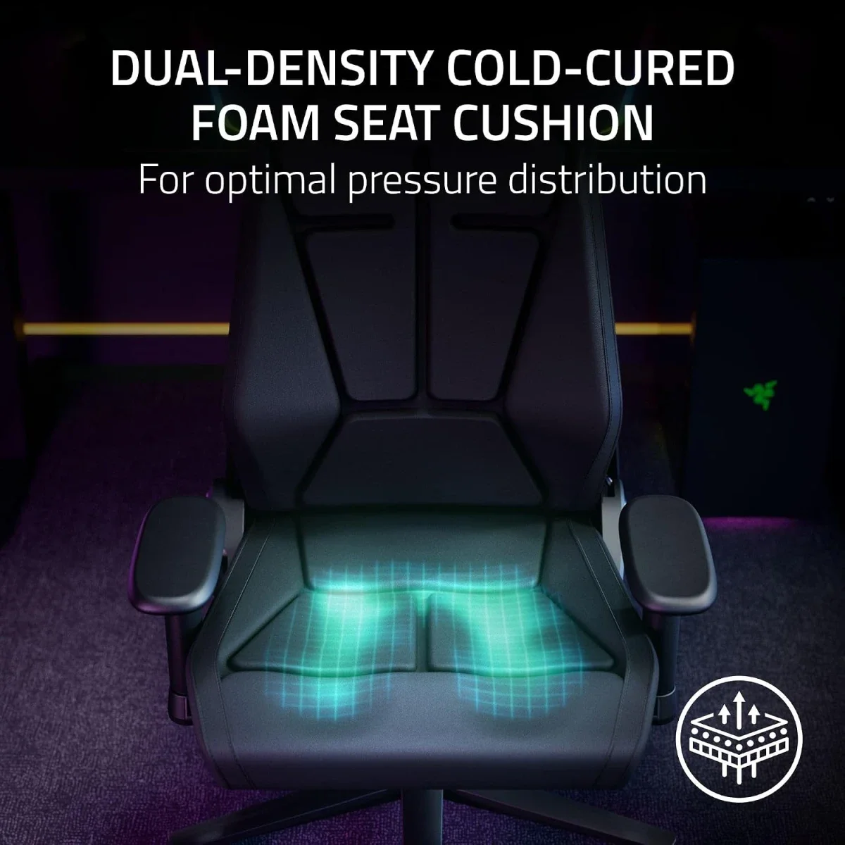كرسي ألعاب Razer Soma Chroma قماش أسود بإضاءة RGB لاسلكية، دعم قطني، إسفنج مزدوج الكثافة وإمالة 155° - Image 3