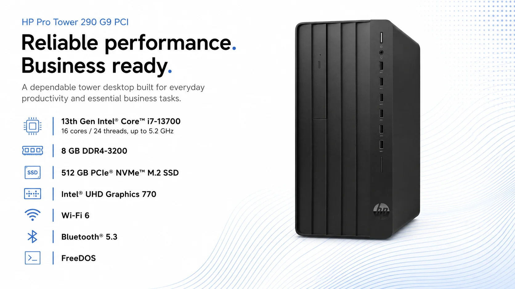 HP Desktop PC Core i7-13700 8GB RAM 512GB NVMe SSD FreeDOS Pro Tower 290 G9 PCI - Image 3