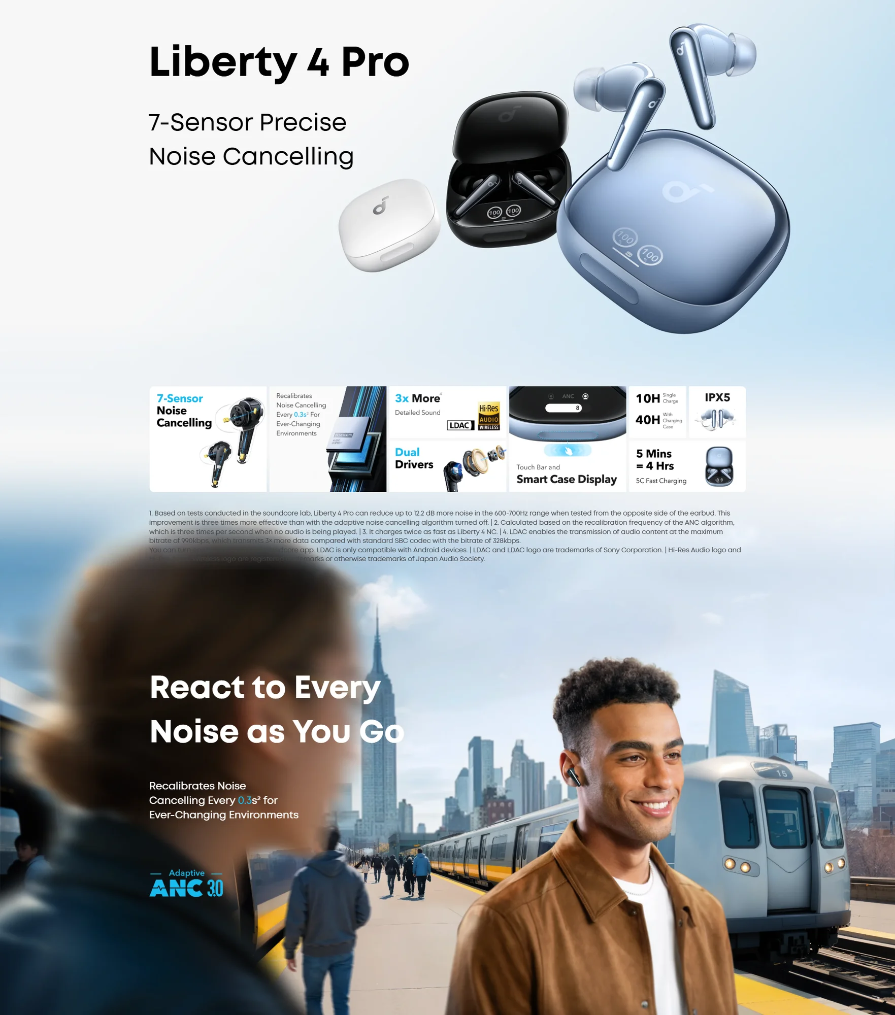 سماعات أذن Anker Soundcore Liberty 4 Pro لاسلكية، إلغاء ضوضاء متكيف بـ7 مستشعرات، شحن أسرع 2×، صوت Hi-Fi ومكالمات بالذكاء الاصطناعي مع 6 ميكروفونات - أزرق - Thumbnail 8