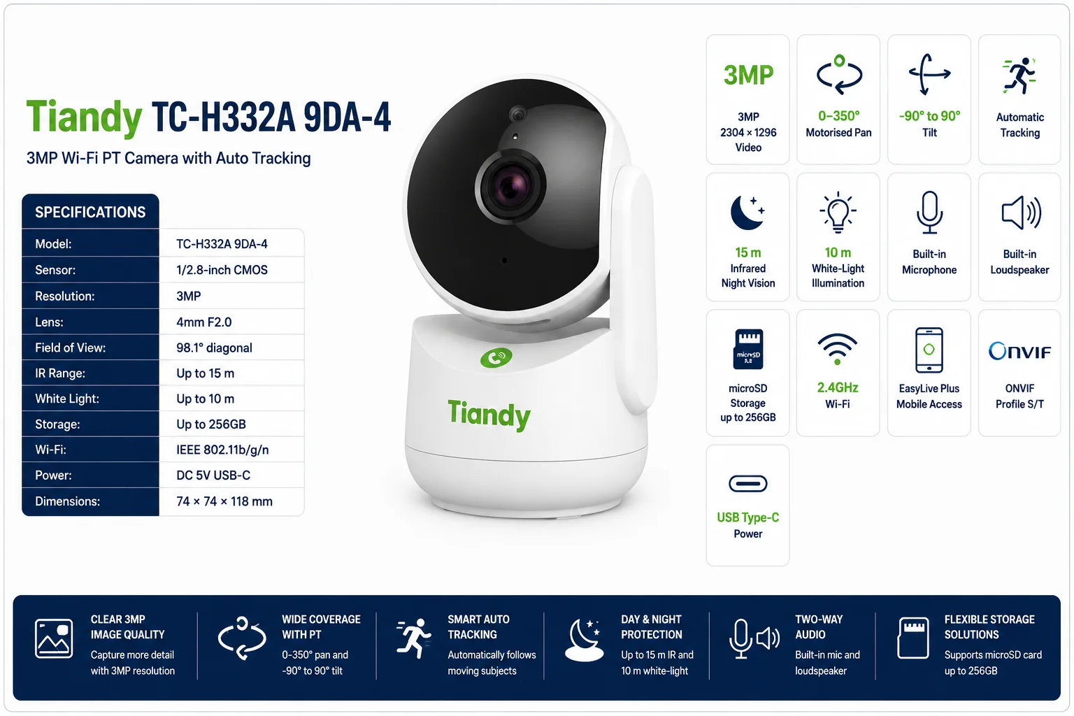 Tiandy TC-H332A 9DA-4 3MP Wi-Fi PT Indoor Security Camera with Auto Tracking - Thumbnail 5