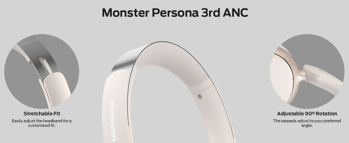 Monster Persona 3rd ANC Wireless Over-Ear Headphones with Mic, 70 Hours Playtime - White - Thumbnail 12