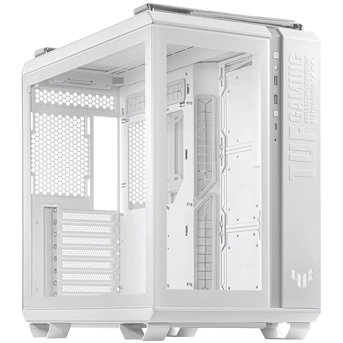 هيكل كمبيوتر Asus TUF Gaming GT502 Mid-Tower ATX ثنائي الحجرة باللون الأبيض - Image 1