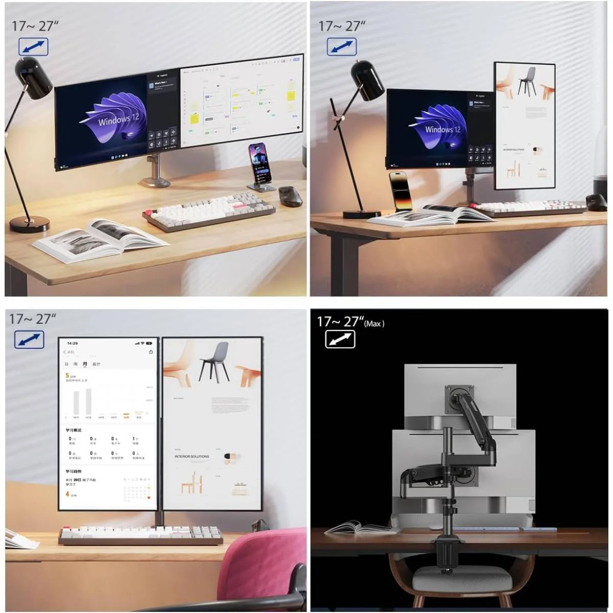 North Bayou H180 Dual Monitor Desk Mount Arm for 2 Screens up to 27-Inch, 9 kg Each, White - Thumbnail 3