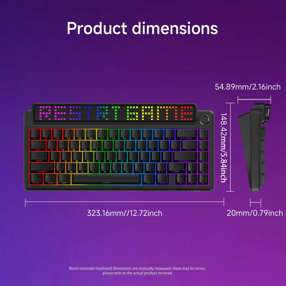 AJAZZ Pixel68 Mechanical Gaming Keyboard, White Peach Switch, Dot Matrix Screen, Wireless Bluetooth, Hot-Swappable, Factory Engraved Black, 8+8k - Image 2