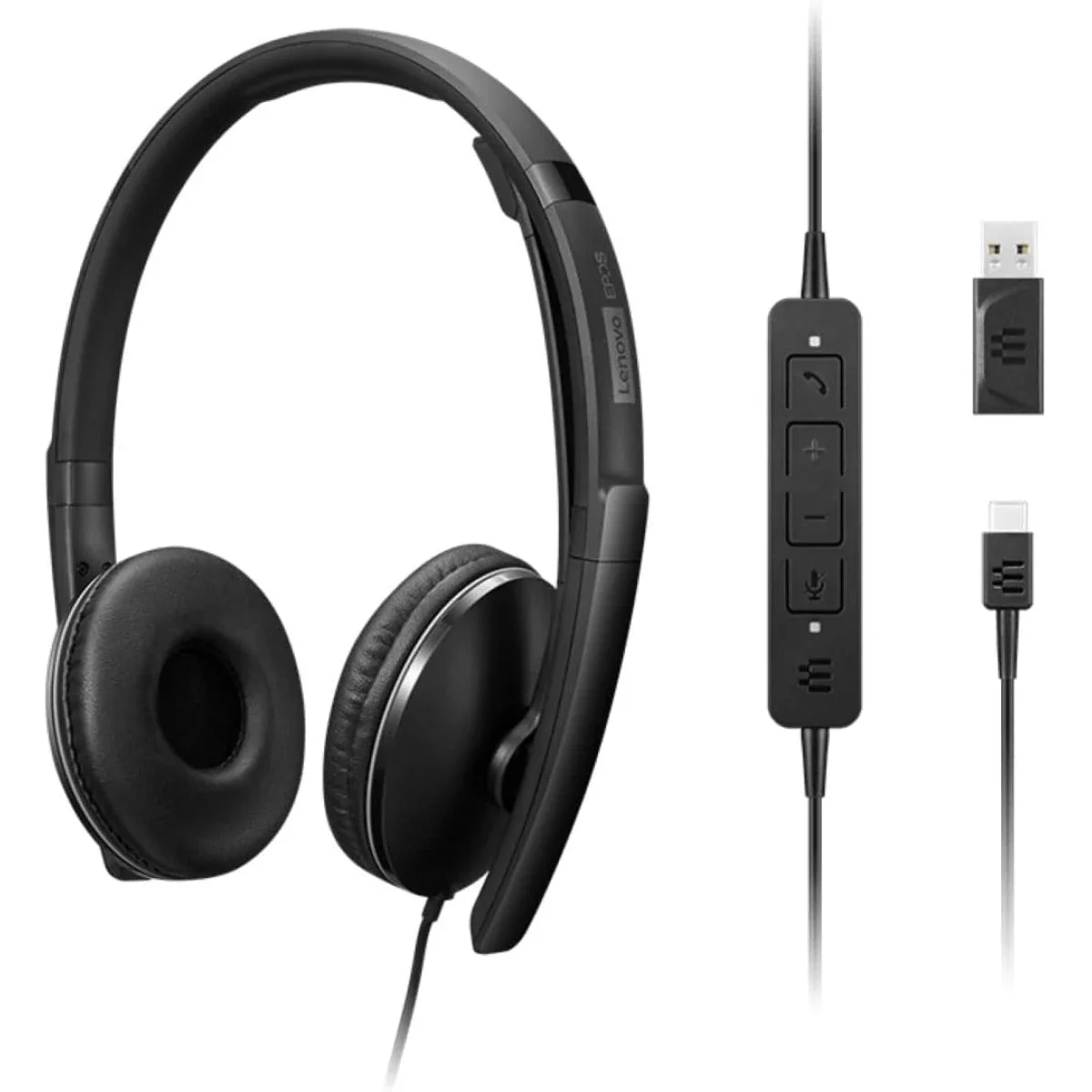 سماعة رأس أعمال سلكية Lenovo بإلغاء الضوضاء النشط ANC USB-C وUSB-A، معتمدة من Zoom، 145 غ - Thumbnail 2