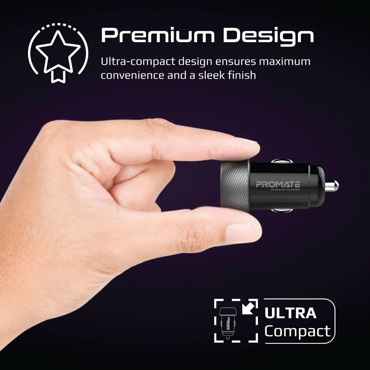 Promate PowerDrive-PD20 20W USB-C Power Delivery Car Charger Adapter - Black - Image 3