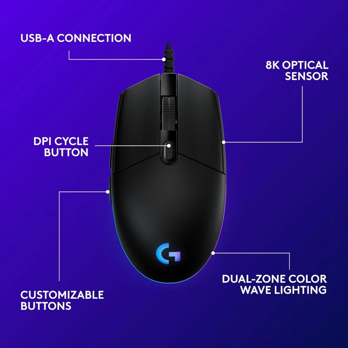 ماوس ألعاب Logitech G203 LIGHTSYNC RGB سلكي بدقة 8000 DPI، أسود - Thumbnail 6