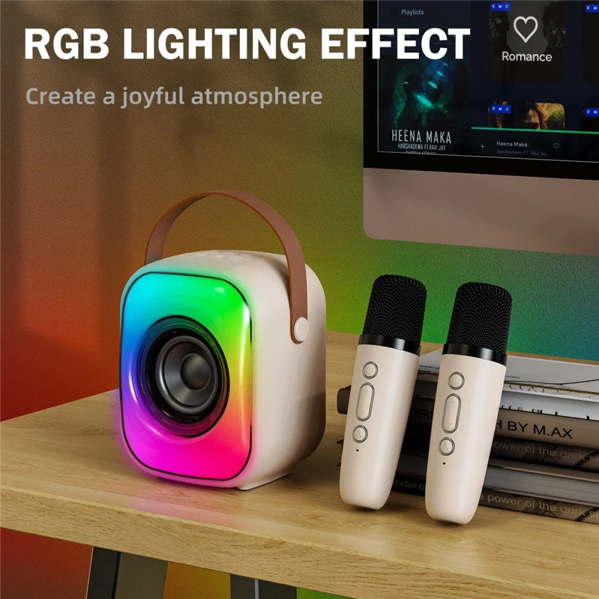 ONIKUMA L7 RGB Bluetooth Karaoke Speaker with 2 Microphones - Beige - Image 5