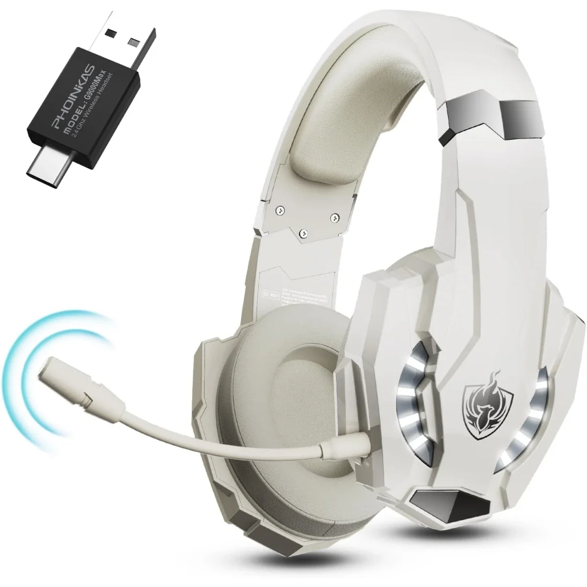 PHOINIKAS Wireless Gaming Headset with Detachable Mic, 2.4G, 7.1 Sound, White