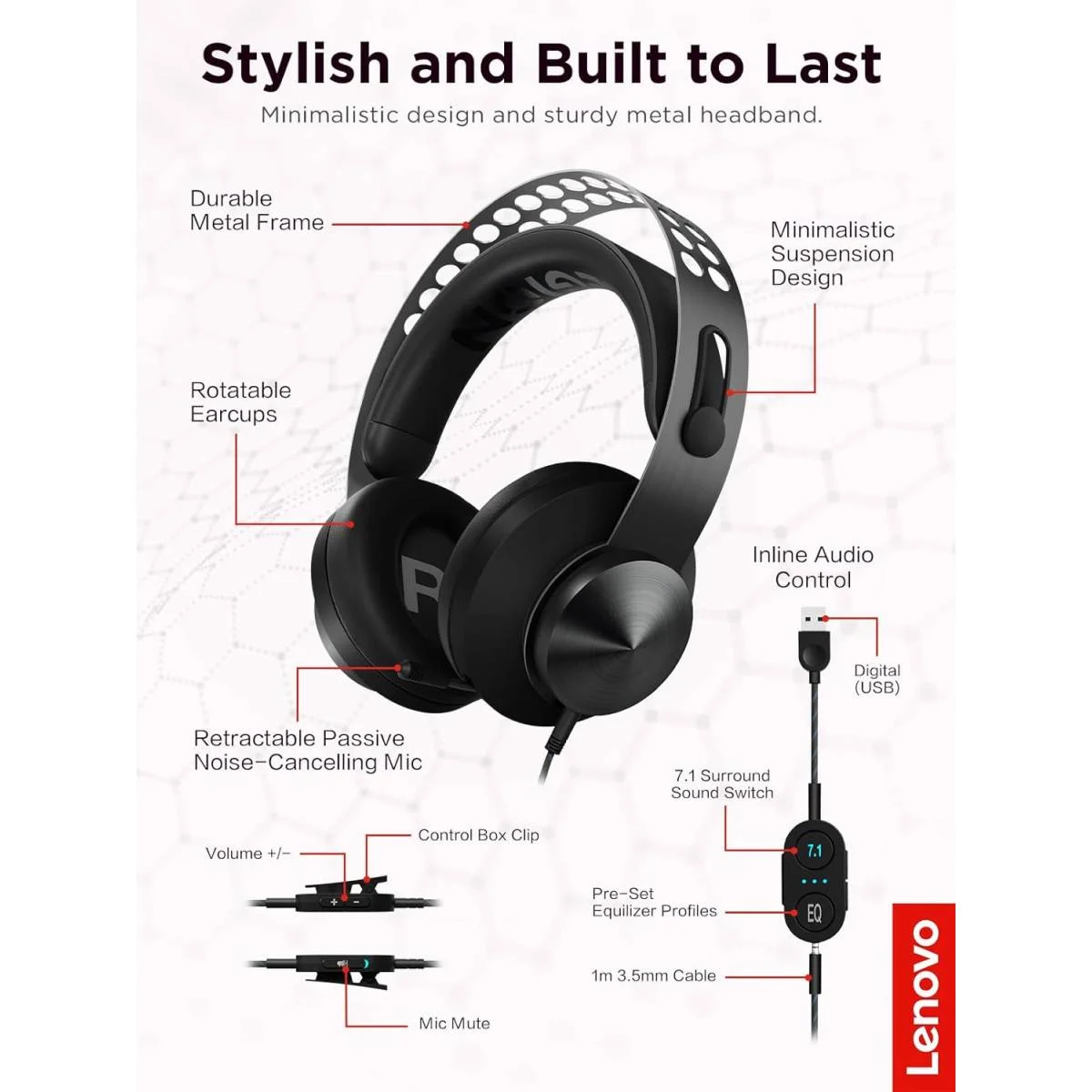 Lenovo Legion H500 Pro 7.1 Surround Sound Gaming Headset GXD0T69864 Black - Image 8