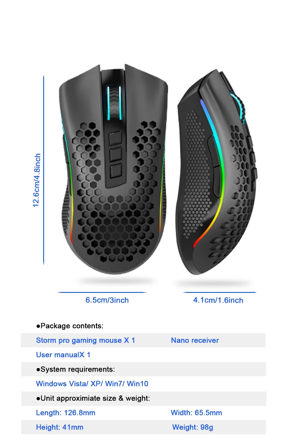 Redragon M808 Storm Pro Wireless RGB Honeycomb Gaming Mouse, 16,000 DPI, Black - Thumbnail 18