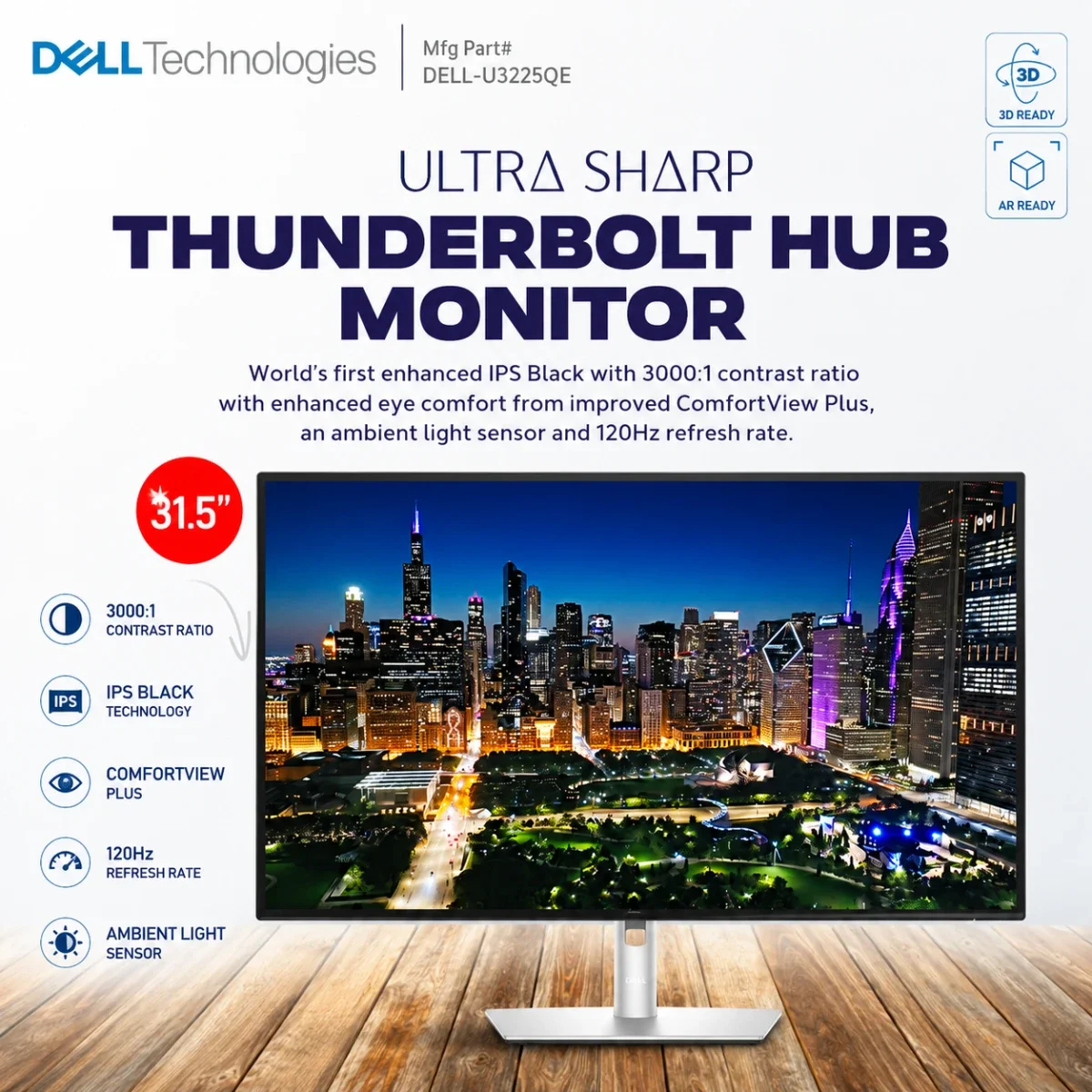 Dell U3225QE UltraSharp 32-Inch 4K IPS Thunderbolt 4 Hub Monitor, 120Hz, 5ms