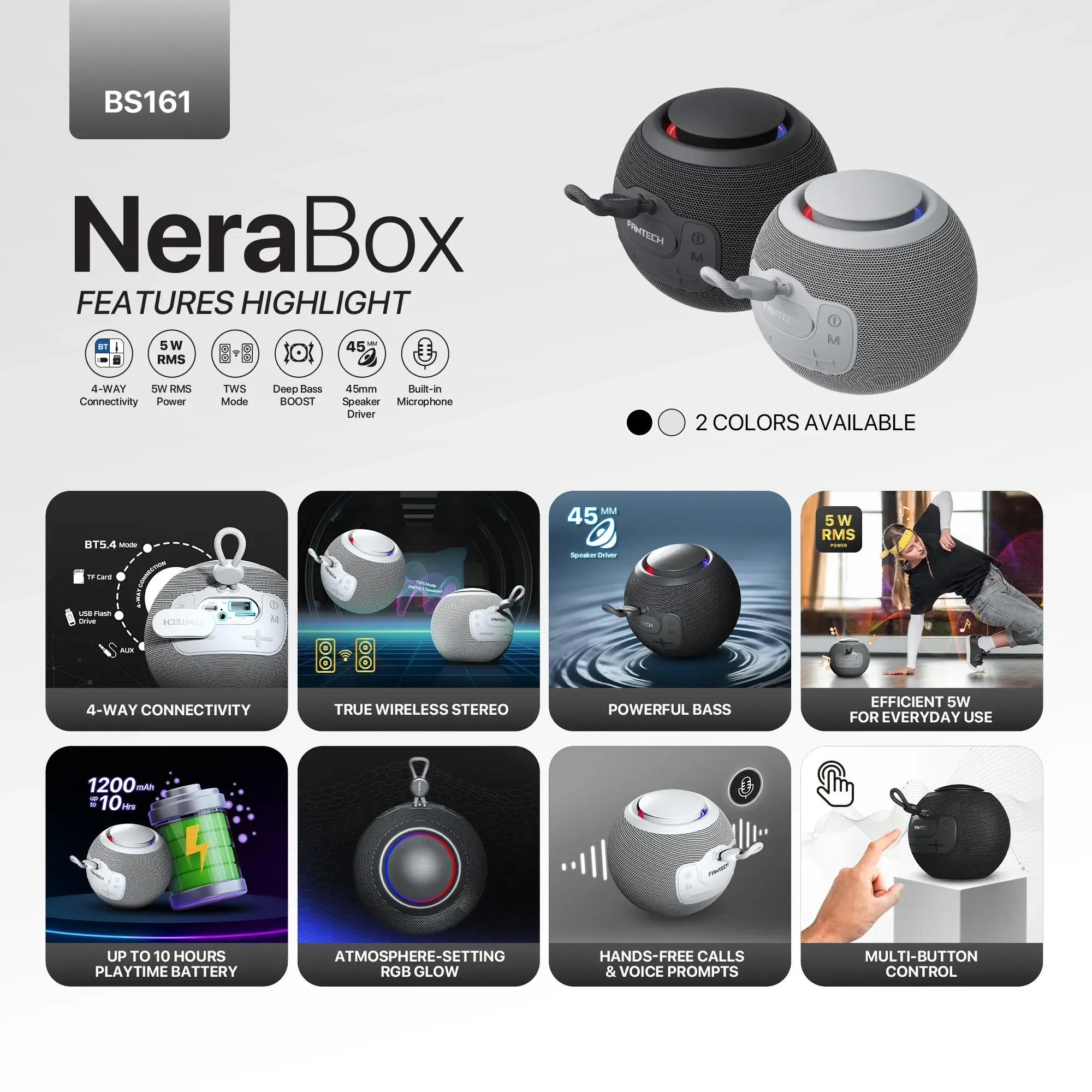 سماعة لاسلكية بلوتوث محمولة و بطارية تدوم حتى 10 ساعات مع صوت عميق Fantech NeraBox - Thumbnail 6