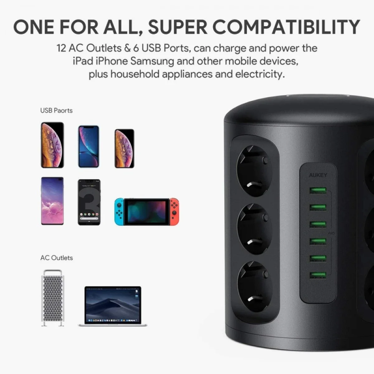 مشترك كهرباء برجي AUKEY PA-S14 PowerHub XL مع 12 مخرج كهرباء و6 منافذ USB-A - Image 4