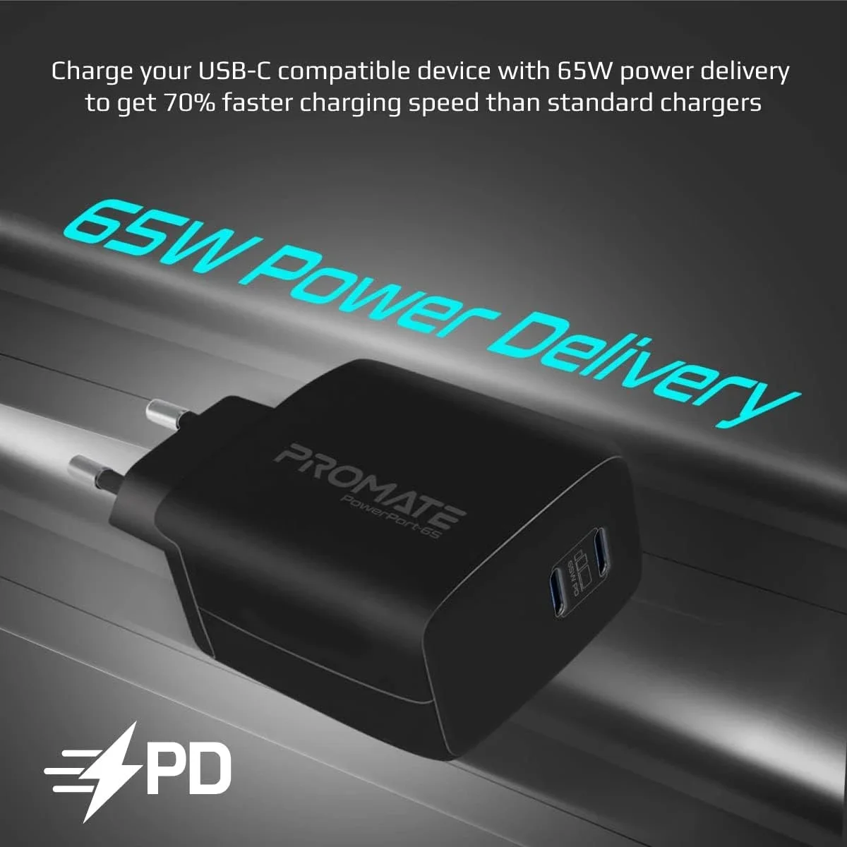 Promate PowerPort-65 65W GaN USB-C Dual-Port Fast Charger - Thumbnail 3