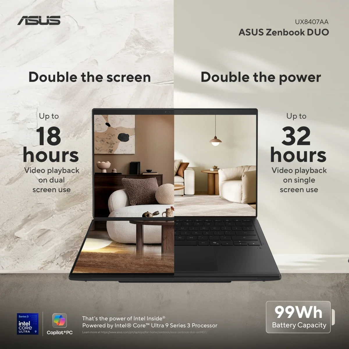 لابتوب Asus Zenbook DUO UX8407AA-SN099W بشاشتين 14.0 إنش 3K OLED تعمل باللمس 144Hz مع Intel Core Ultra 9 386H و32GB RAM و2TB SSD - Image 10