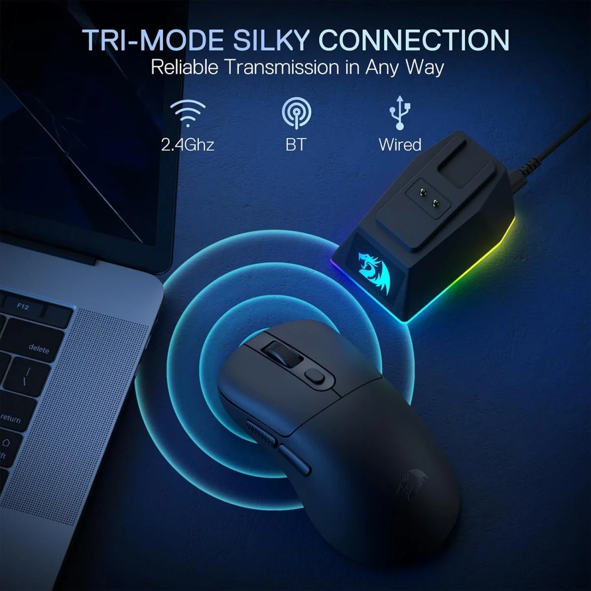 Redragon M998 Lightweight Tri-Mode Wireless Gaming Mouse with RGB Charging Dock, 24000 DPI, Black - Thumbnail 2