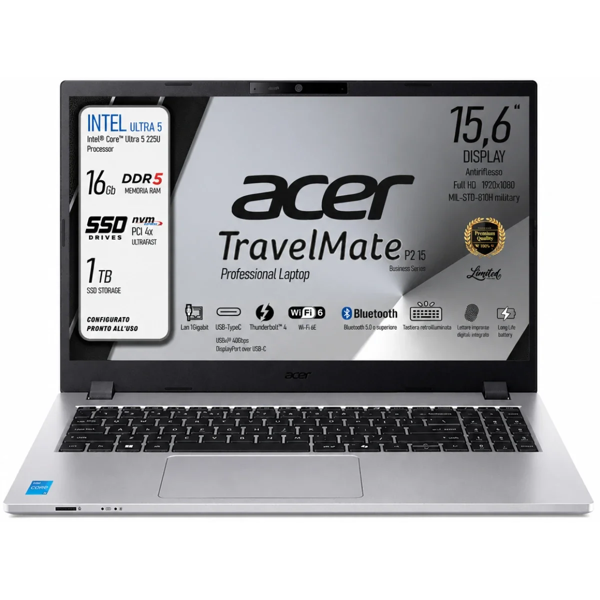 Acer TravelMate P2 15 (2025) Intel Core Ultra 5 225U 16GB RAM 1TB SSD 15.6-Inch FHD Business Laptop - Silver