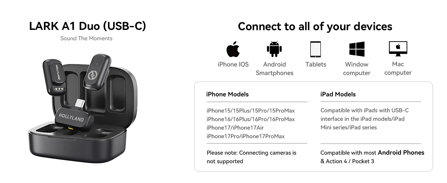 ميكروفون لاسلكي Hollyland Lark A1 Duo مع مستقبل USB-C، 48kHz/24-bit، أسود - Image 19