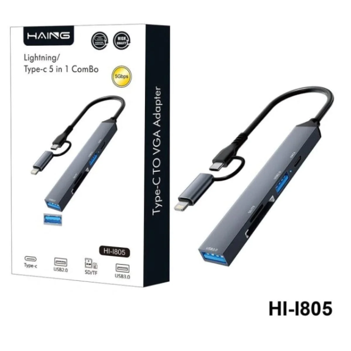 HAING 5-in-1 USB-C & Lightning Combo Adapter with USB 3.0 and MicroSD