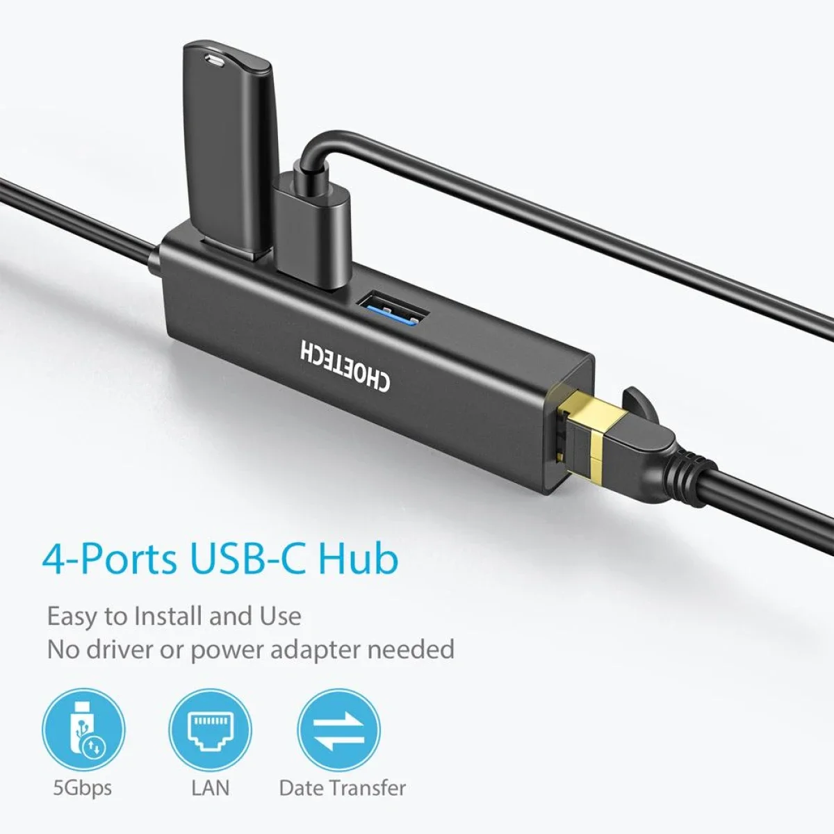 Choetech HUB-U02 USB-C to Gigabit Ethernet Hub with 3 USB 3.0 Ports - Image 3