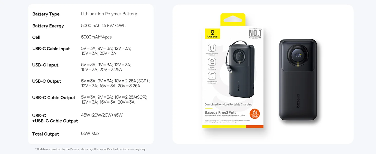 Baseus Free2Pull 20000mAh 65W Power Bank with Retractable USB-C Cable - Black - Thumbnail 27