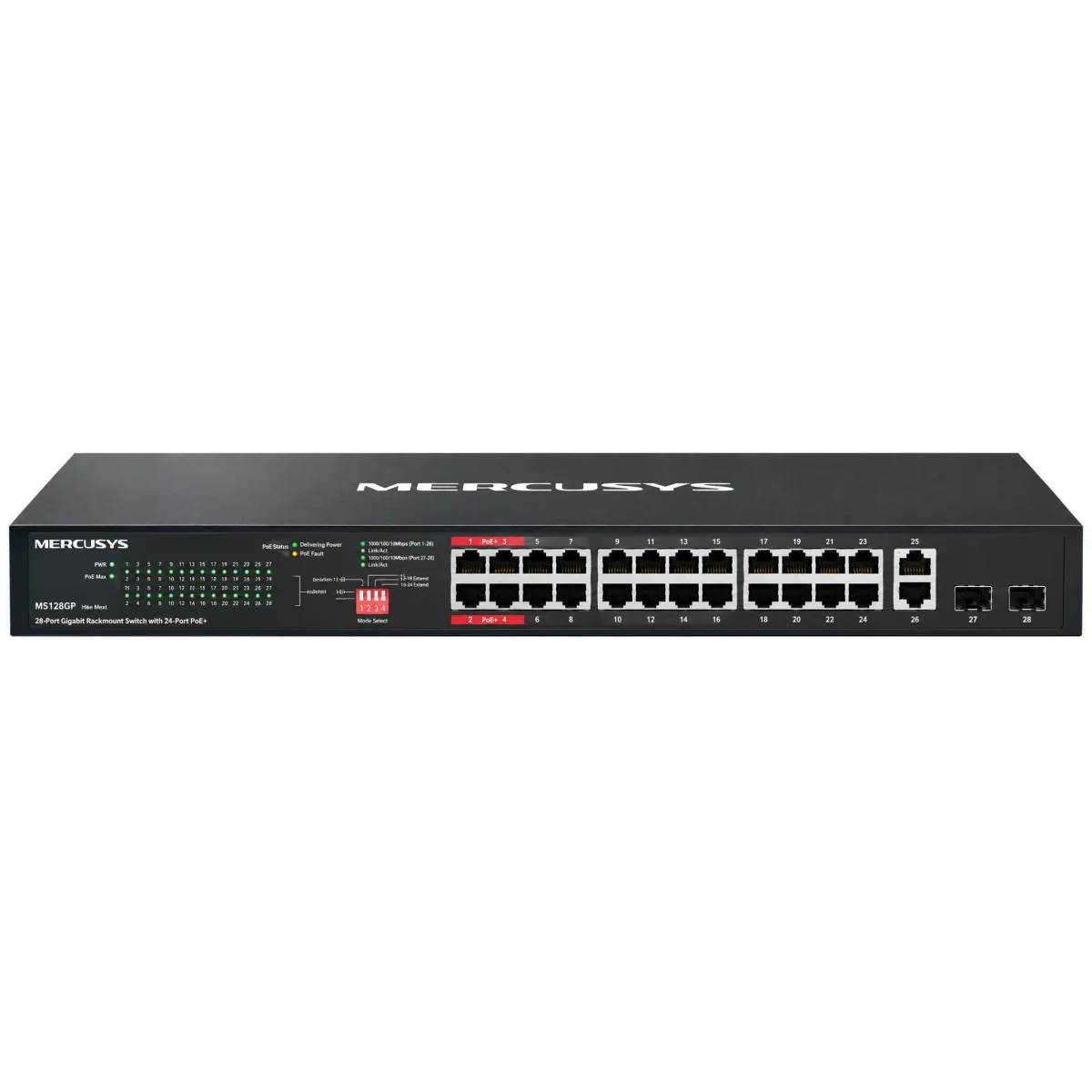 MERCUSYS MS128GP 28-Port Gigabit Rackmount Switch, 24-Port PoE+, 295W Budget, 2x Gigabit Uplink, 2x SFP, 802.3af/at, Isolation Mode, Plug & Play, Metal Case