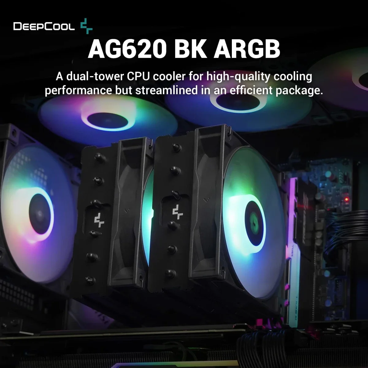 مبرد معالج هوائي DeepCool GAMMAXX أسود ببرجين وإضاءة ARGB، قدرة 260 واط و6 أنابيب نحاسية ومروحة PWM قياس 120 مم AG620 BK ARGB - Image 5