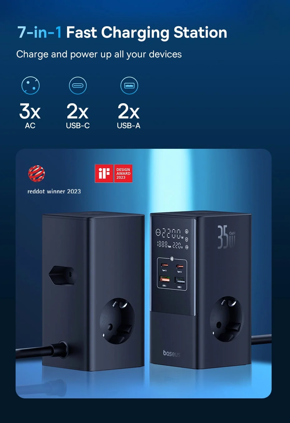 مشترك كهربائي رقمي Baseus PowerCombo Tower بقدرة 35 واط، 3 منافذ AC و2 USB-A و2 USB-C، سلك EU بطول 1.5 متر - أسود - Thumbnail 10