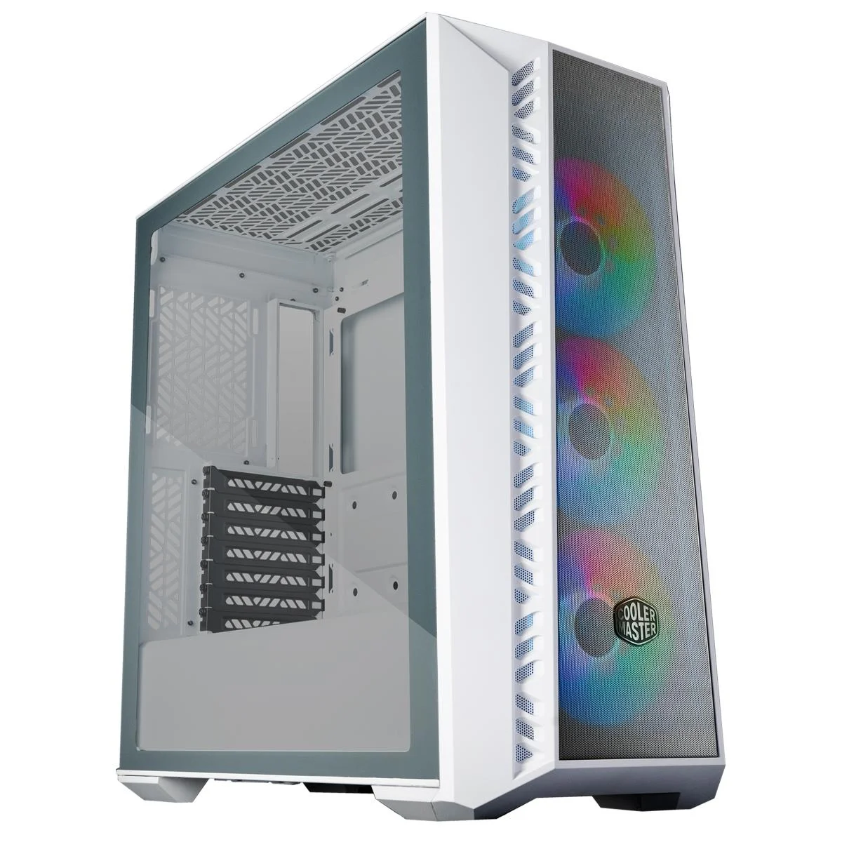 هيكل ألعاب Cooler Master ميد تاور أبيض مع 3 مراوح CF120 ARGB وإضاءة ARGB وزجاج مقوى MasterBox 520 Mesh ARGB